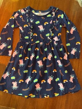 Peppa Pig Navy Long-Sleeve Ruffle Front Dress with Pink Characters Size 5